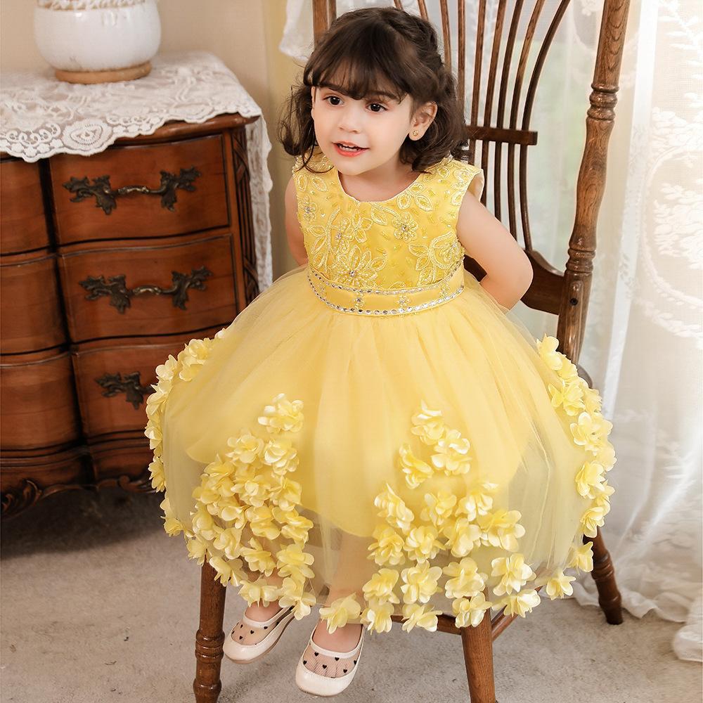 Suministro transfronterizo vestido para niños vestido de novia de niña de flores tridimensionales vestido de princesa mullido de niña vestido de niños