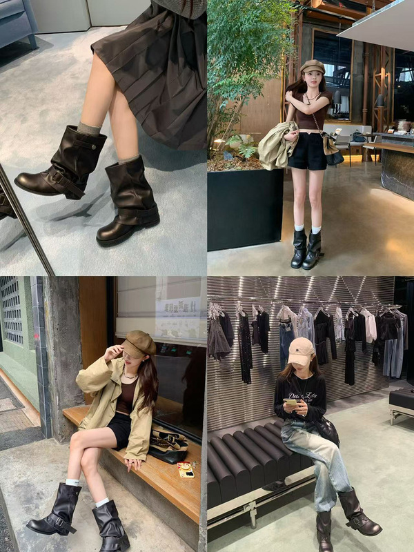 牛皮版葡萄妈同款辣妹裤管靴女时髦废土风褶皱扣带西部牛仔靴短靴|undefined