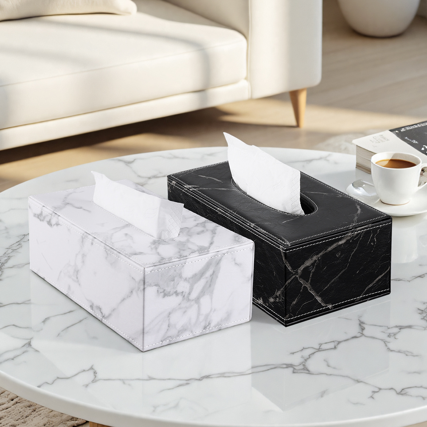 INS estilo moda mármol patrón caja de pañuelos de cuero hotel restaurante decoración hogar Luz lujo caja de pañuelos de almacenamiento al por mayor