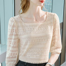2021新款蕾丝打底衫女一字领洋气镂空小衫性感七分袖T恤内搭上衣