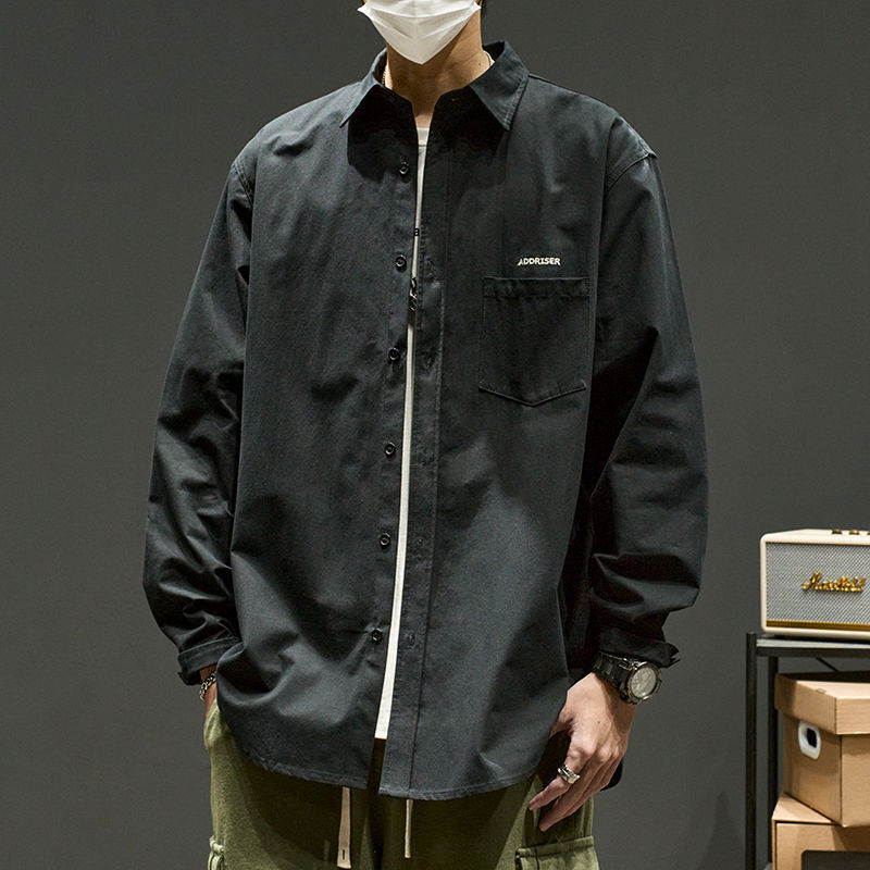 衬衫男长袖春秋字母纯色衬衣秋冬季日系百搭宽松工装外套潮外穿耐