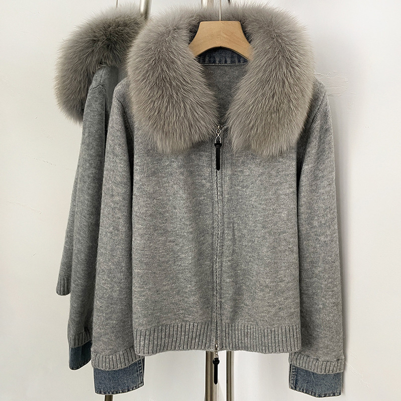 Autumn and Winter New Style Natural Real Fox Fur Collar Knitted Cardigan Double Zipper Short Fashion Versatile Sweater Jacket for Women Autumn and Winter New Style Natural Real Fox Fur Collar Knitted Cardigan Double Zipper Short Fashion Versatile Sweater Jacket for Women