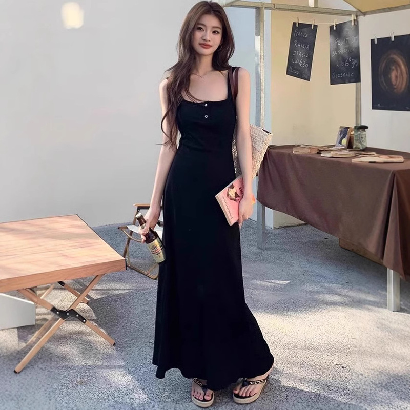 Ins Sexy Pure Desire Square Collar Button Sleeveless Strap dress Women's Slim-fit Stepmom Dress Waist Long A- line Dress for Women Ins Sexy Pure Desire Square Collar Button Sleeveless Strap dress Women's Slim-fit Stepmom Dress Waist Long A- line Dress for Women