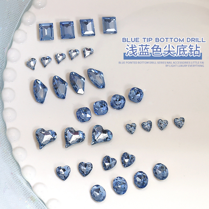 Nail diamond jewelry wholesale internet celebrity elegant blue crystal big diamond pointed bottom shaped light light blue heart nail pile Diamond