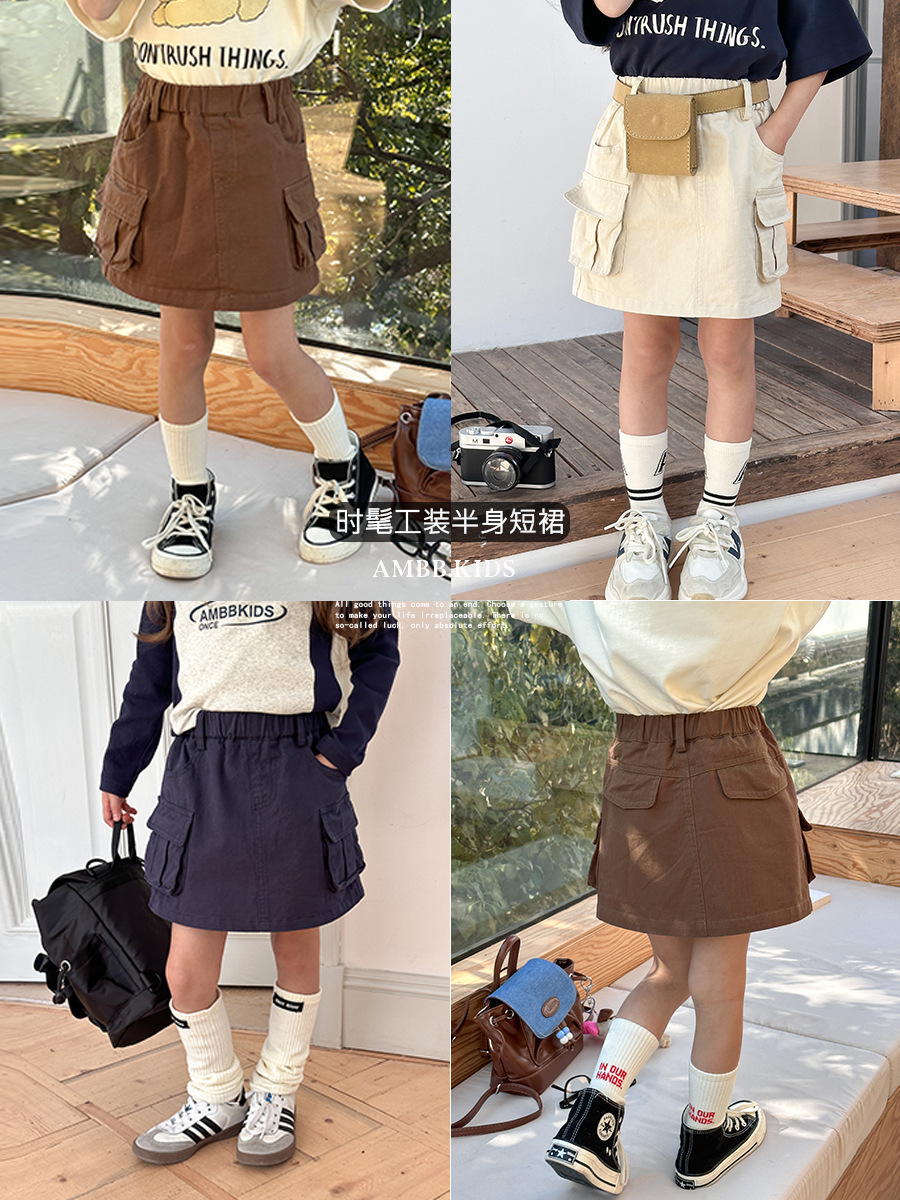 童裙女童斜紋棉布半身包臀裙子兒童韓版洋氣口袋工裝短裙