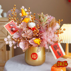 New Year's lucky bucket, lucky basin, holly, willow, New Year flowers, flower insert, flower pot, flower container, metal gold, iron craft, hug bucket, flower bucket