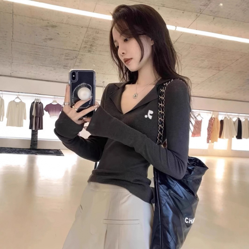 Korean Restandrecreation Slim Inner Base Top Rr Long-Sleeved Polo Knitwear V Neck Women's Trendy