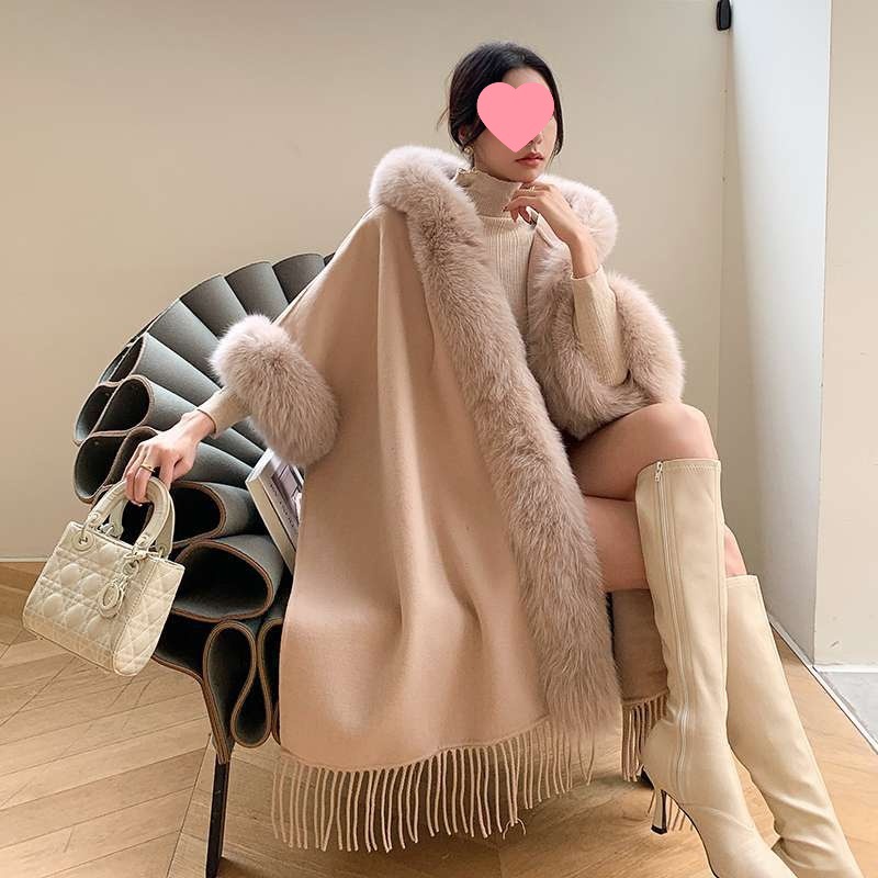 청삼 중장 모직 외투로 프린지 목도리 여자 흰목도리 판초코트 여자 가을 · 겨울 기모 두껍게