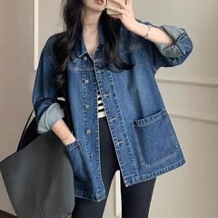 哥家商场同款女装2025秋季复古简约休闲宽松翻领牛仔外套百搭