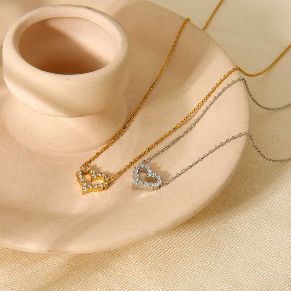 304 Stainless Steel Pendant Material Zircon Inlay Material Wholesale Jewelry IG Style Simple Style Heart Shape 304 Stainless Steel 16K Gold Plated Plating Pendant Necklace Cable Chain