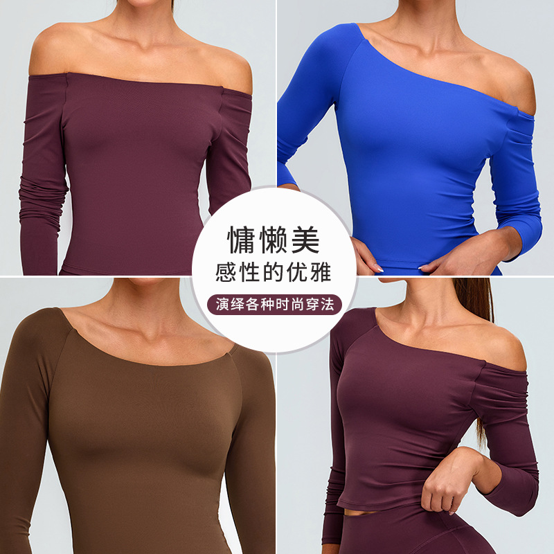 Nuevo cross-border un hombro de manga larga ropa de yoga femenina camiseta deportiva de chicas calientes corren ropa de ejercicio de secado rápido