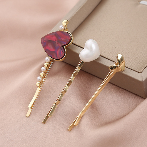 Korean Version New Product Colorful White Powder Elegant Girl Hair Accessories Side Part Hair Clip Set Simple Water Diamond Pearl Heart Shape Set Wholesale