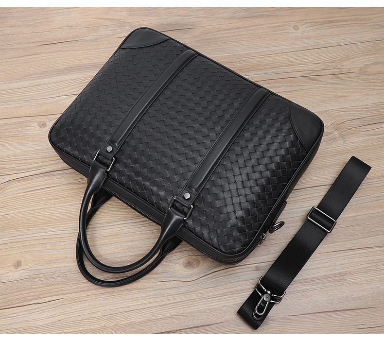 Túi xách tay nam da bò thật đan thủ công, túi đeo chéo một vai kiêm túi đựng laptop 39×7,5×28 cm — Màu đen chi tiết 4