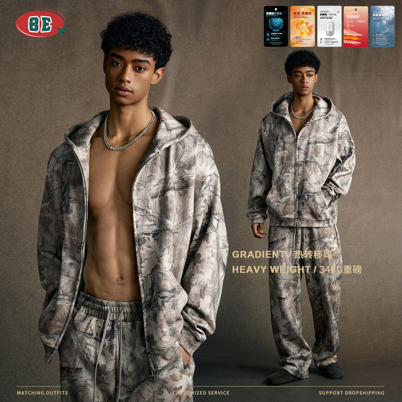 Be Men's 2025 American Trendy Brand Retro Punk Camouflage Branch Pattern Genderless Cardigan Zipper Hooded Sweatshirt for Men