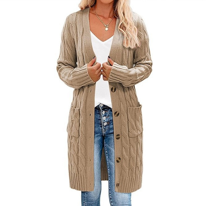 Comercio exterior transfronterizo Amazon otoño y invierno nuevo suéter de punto largo de torsión de botón de color sólido para mujeres cardigan chaqueta