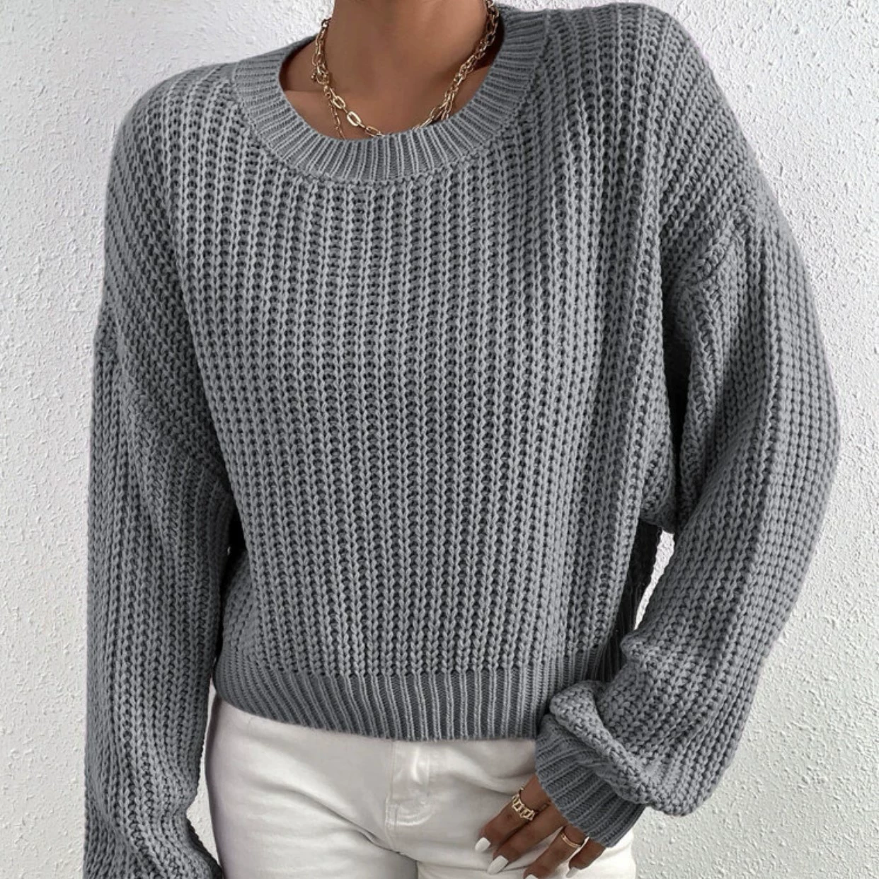 Амазонка осень-зима новый сплошной свободный свитер с круглым вырезом