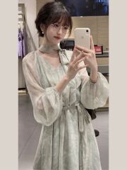 2025春秋新款感法式温柔风连衣裙女长袖雪纺绿色碎花长裙韩系