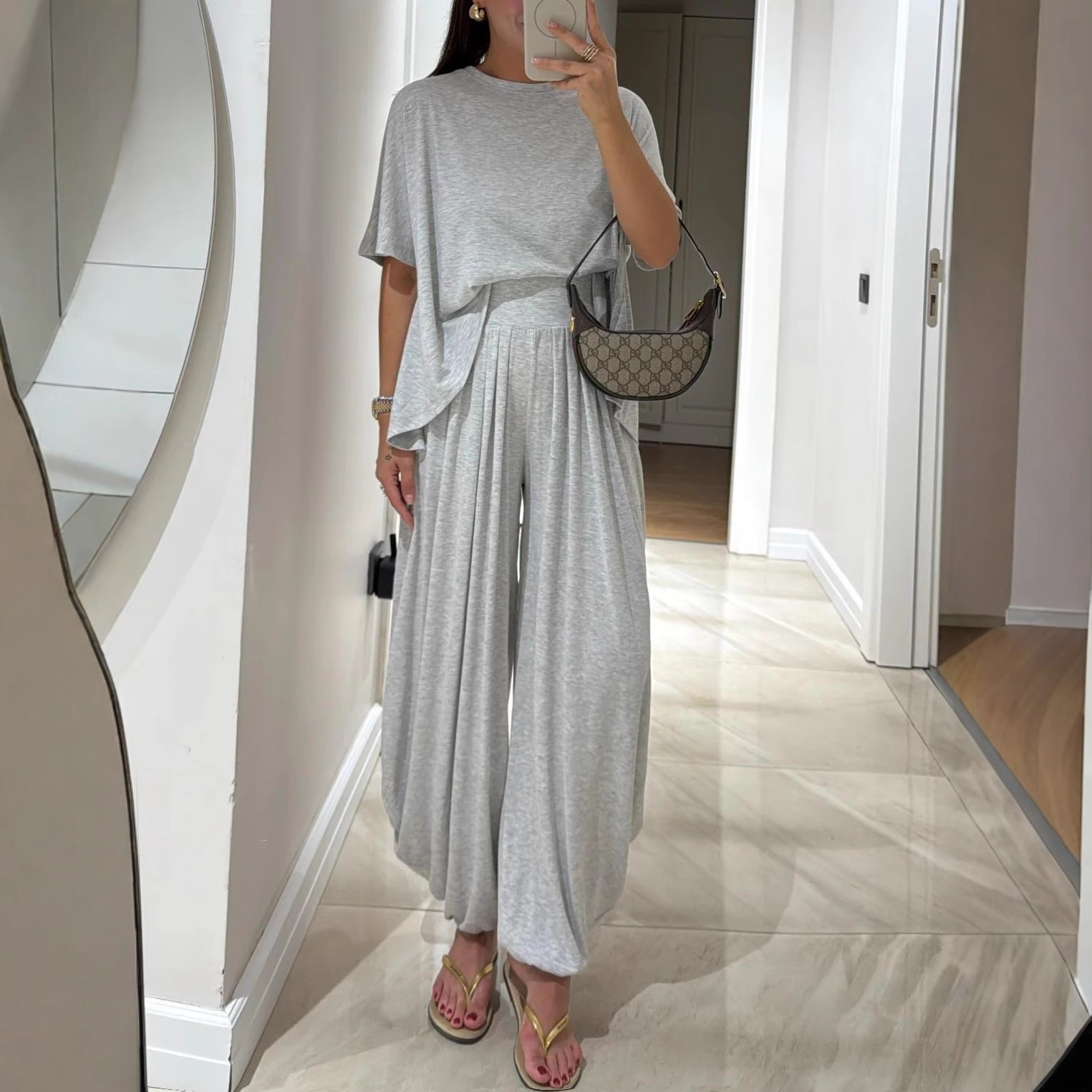 2025 European and American Clothing Amazon Independent Site Mid-Sleeve Round Neck Pure Color Top T-Shirt + Pants Two-Piece Suit