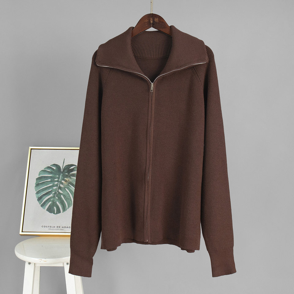 Bộ áo cardigan dệt kim khóa kéo phối quần dài ống rộng nữ — màu bột yến mạch, màu nâu, màu xám, trắng chi tiết 10