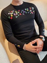 长袖T恤休闲上衣打底衫男潮流韩版修身印花弹力体恤
