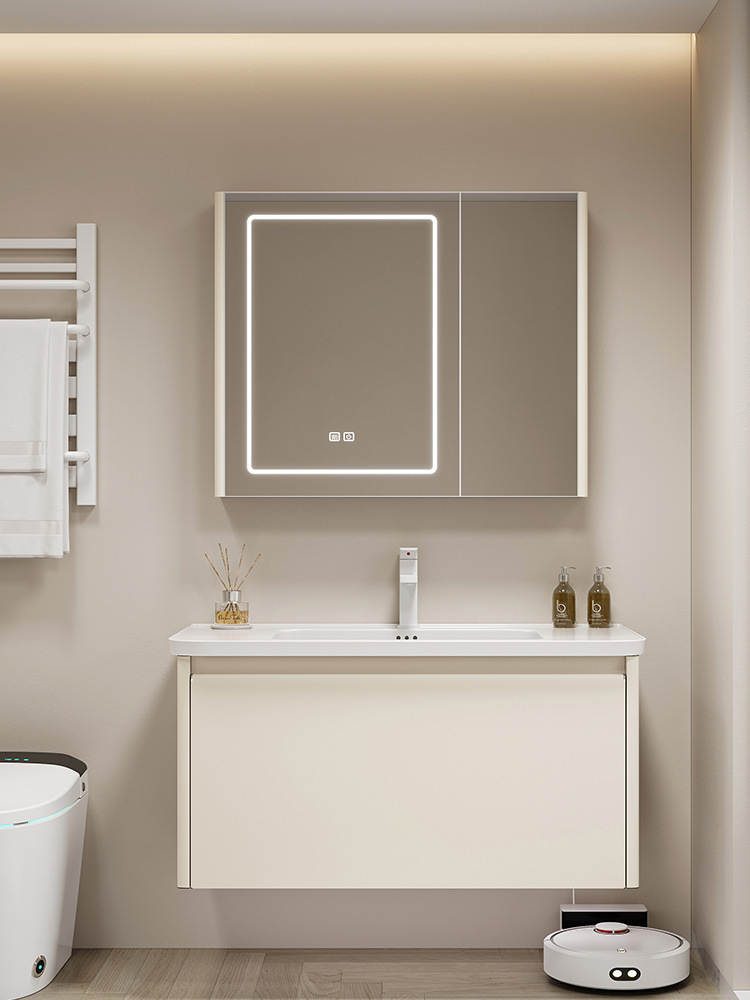 Estilo crema de acero inoxidable gabinete de baño combinación de cerámica cuenca integrada cuarto de baño redondeado lavabo