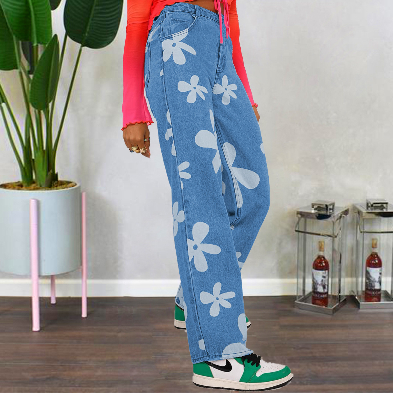 high waist floral printed straight loose jeans NSGYY138059