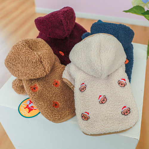 Pet dog clothes autumn and winter warm feet hooded hooded embroidered bear embroidered pattern lamb velvet hooded jacket