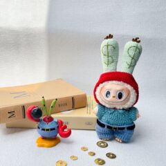 衣服のみ】17CM ハンギングドール ラブブ 手編み カニさんスーツ LABUBU マカロン人形