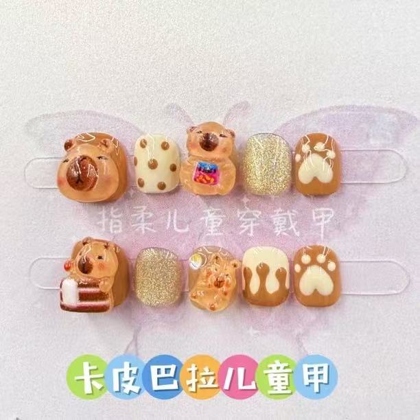 Children's Golden Cat-Eye Cute Handmade Wearable Nail Patch Capibara Style Short Manicure Patch Children's Golden Cat-Eye Cute Handmade Wearable Nail Patch Capibara Style Short Manicure Patch