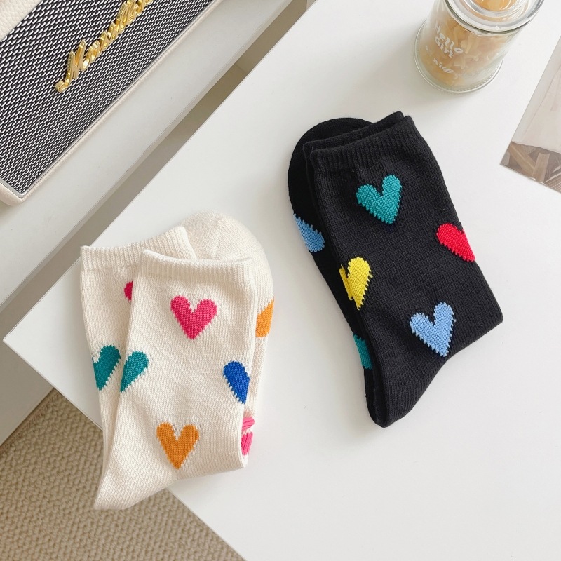 Ladies Cotton Love Stockings - Black Background with White Accents