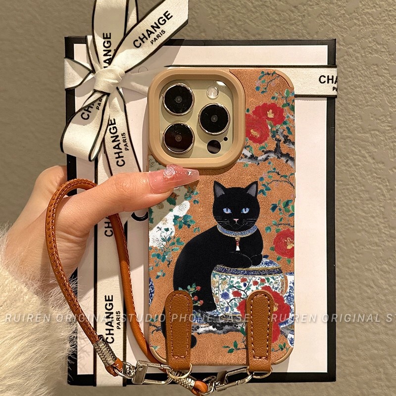 Blue and White Porcelain Peony Black Cat Suitable for Iphone17 Mobile Phone Case 15Promax Niche 14Pro Apple 13/12 Blue and White Porcelain Peony Black Cat Suitable for Iphone17 Mobile Phone Case 15Promax Niche 14Pro Apple 13/12