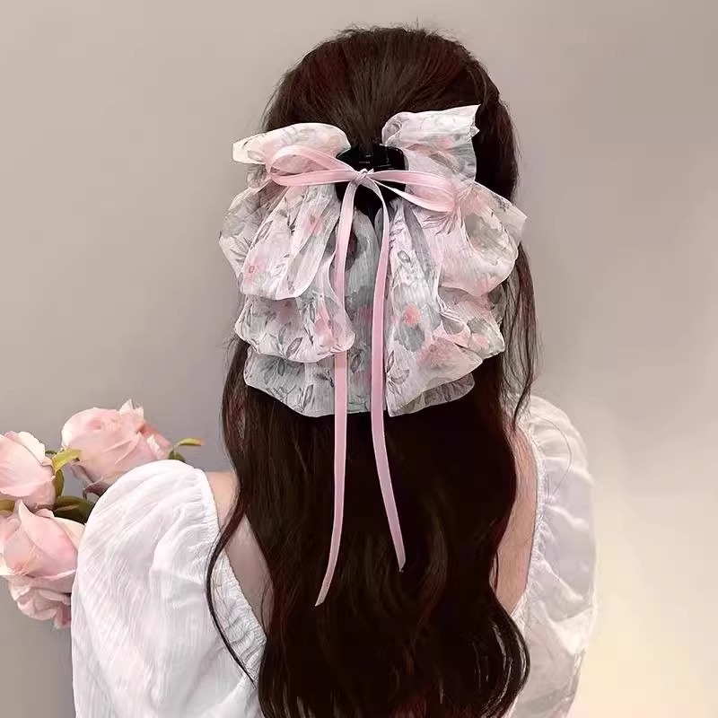 スーパーフェアリーリボンヘアピン女性の夏の後頭部クリップインターネット有名人 2025 新しいヘアピン高頭頂頭飾りクリップ|undefined