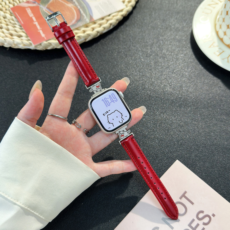 适用苹果表带AppleWatch1-11代/Ultra3/SE爱心小猫皮质手表带|undefined