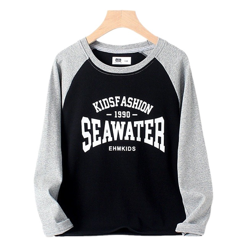 Camiseta de manga larga para niños estilo coreano de primavera y otoño, top de algodón y cachemira raglán para niños medianos y grandes, estilo Little Elephant Ham para niños.
