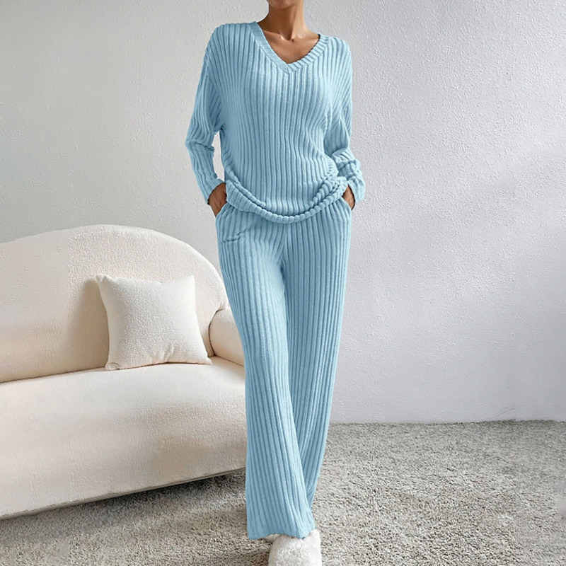 Cross-border Two-piece Women's 2025 Spring and Autumn New Fashion Casual Straight Pants Elegant Loose V-neck Pit Knitted Set