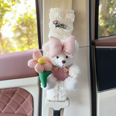 Puff Belt Cover Car Interior – Seat belt shoulder pad - white-bear-pink-suspender-pants-one-puff-plaid-shoulder-pad
