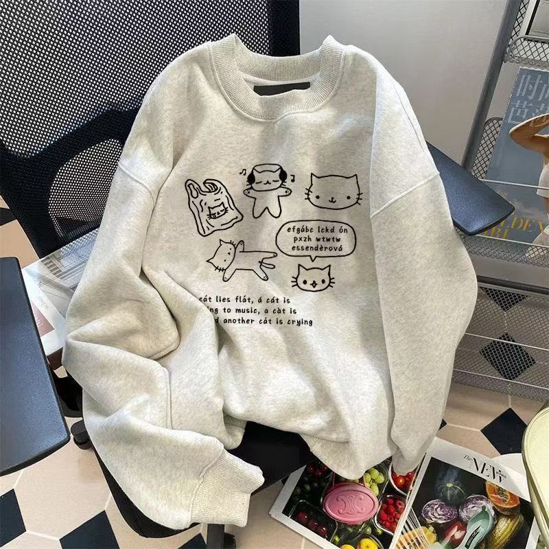 可爱印花圆领卫衣女校园风花灰色ins春秋薄款宽松上衣潮流|undefined
