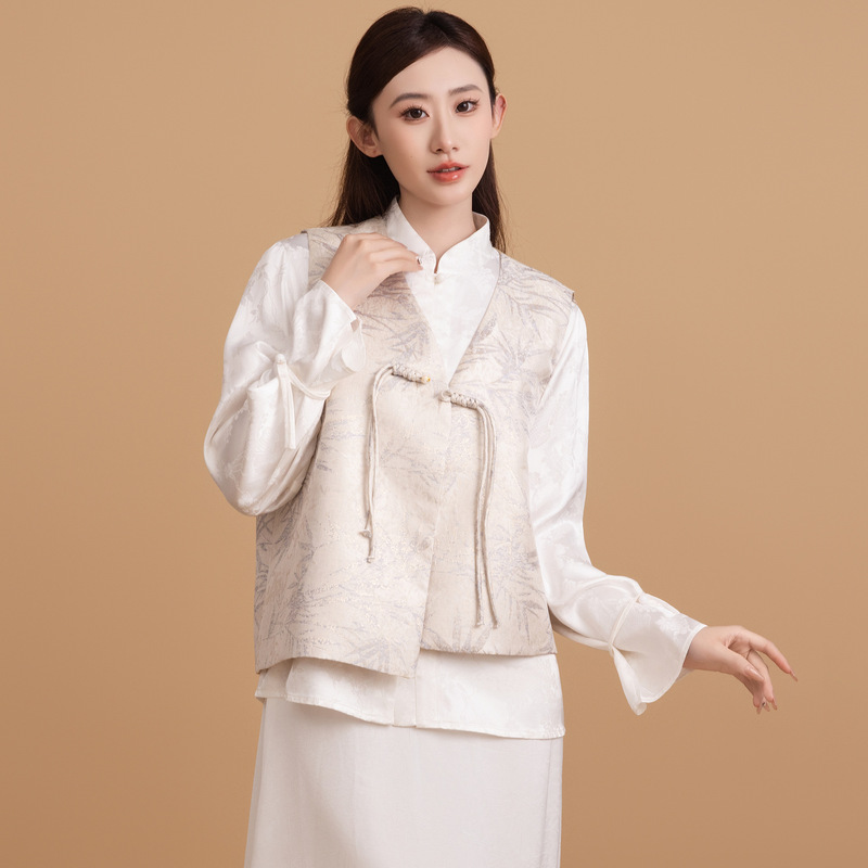 批发新中式盘扣宽松型国风马甲女春秋外搭叠穿v字领系带马甲开衫|undefined