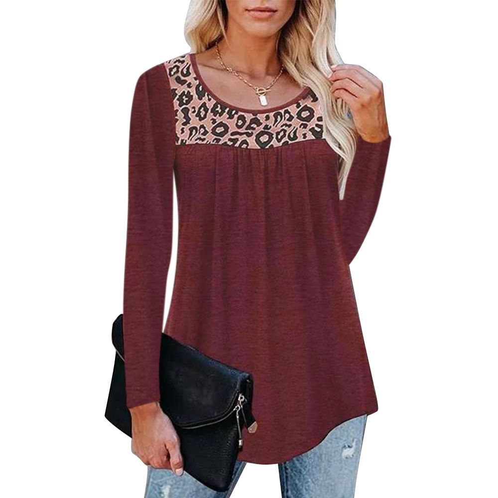 Camiseta de manga larga con cuello redondo suelto con costura de leopardo para mujer, ropa de nihaostyles al por mayor NSLZ77515