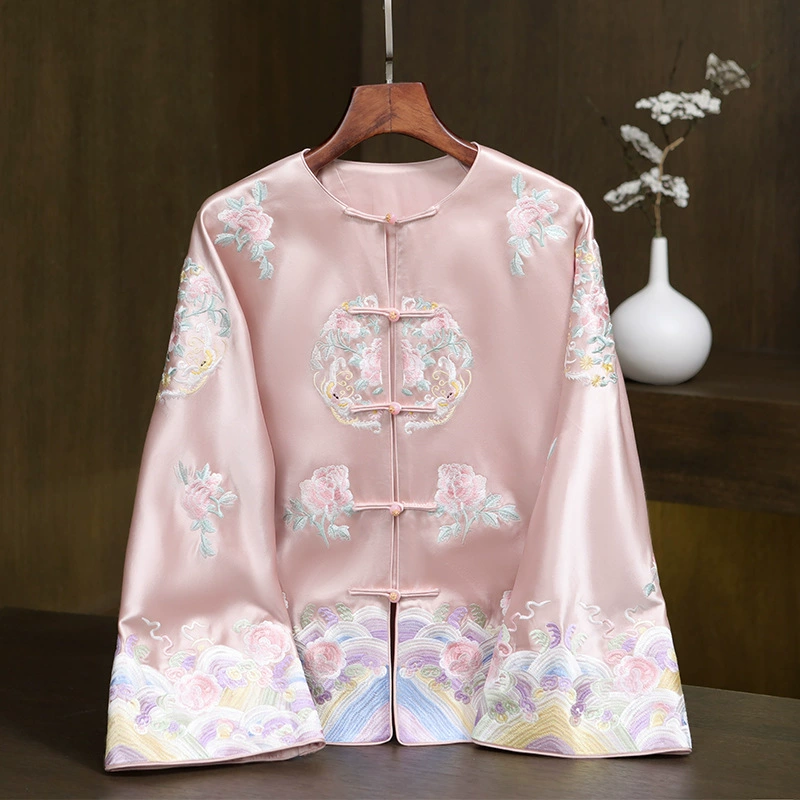 Новый китайский ацетатный атласный топ в стиле Тан, весна 2025, высококлассный элегантный национальный стиль, ретро, с тяжелой вышивкой, круглый вырез
