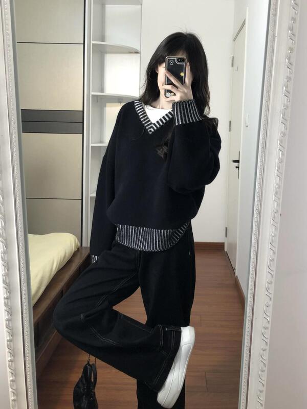 韩系独特设计感撞色条纹慵懒风毛衣女秋季外穿软糯复古套头上衣|undefined