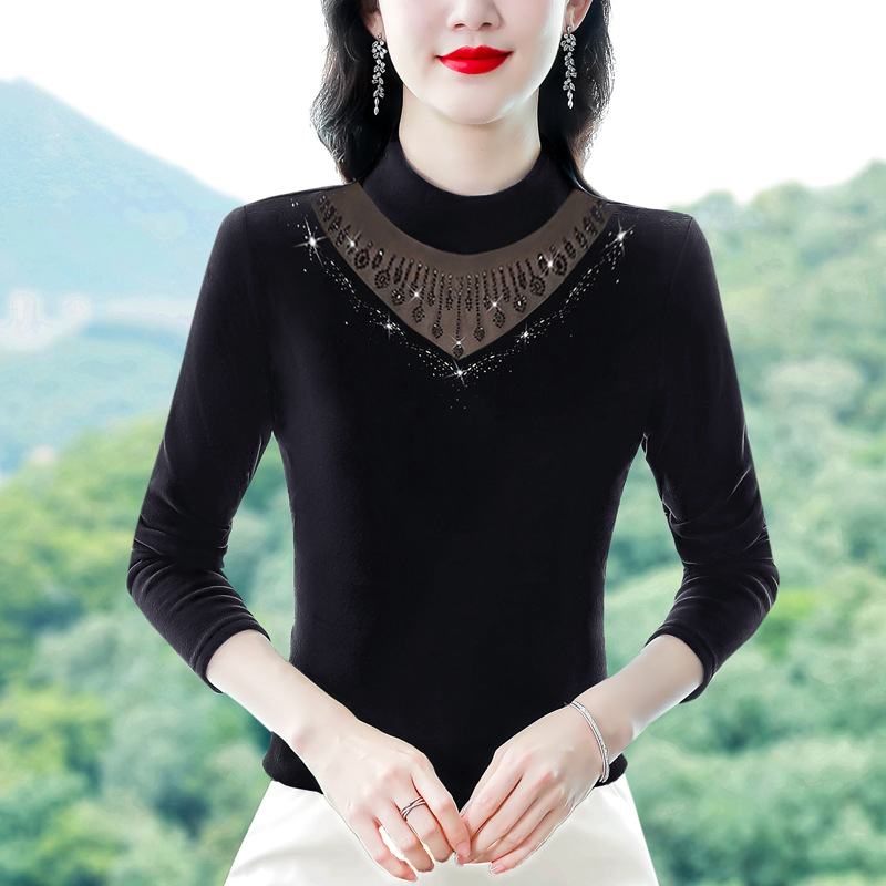 Korean-style Long-sleeved Mesh Stretch Base Shirt Mother's Inner Stomach Covering Stylized Age-reducing Stylized Small Shirt T-shirt Hot Drilling Top