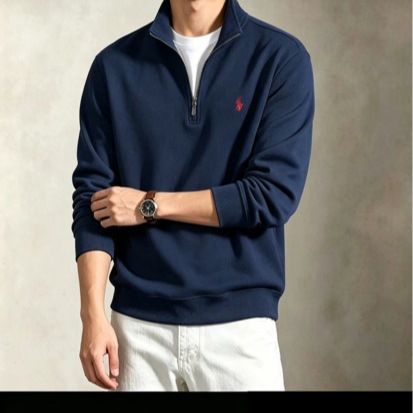 RL autumn and winter new half-zip knit sweatshirt for men and women, small logo half-pullover high-neck long-sleeve pure cotton couple's top