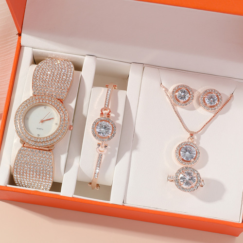 Ladies diamond-encrusted simple steel band quartz watch internet celebrity women's watch set 5pcs/set