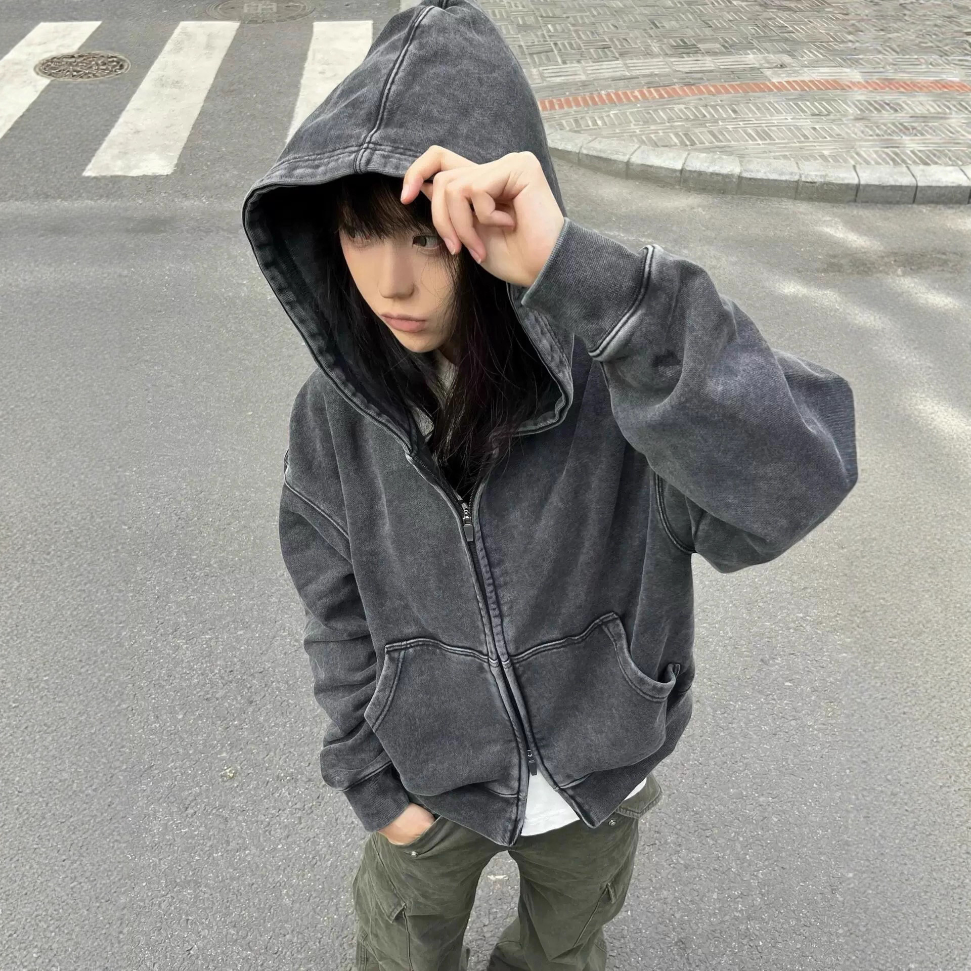 High-Quality 450g Heavyweight Short Wide-Fit Washed Vintage-Style Dyed Autumn and Winter Pure Cotton Terry Zip-Up Hooded Sweatshirt Jacket