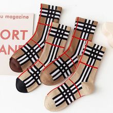 欧洲站ins潮百搭咖色条纹格子秋冬款袜子高档时尚小红书同款批发