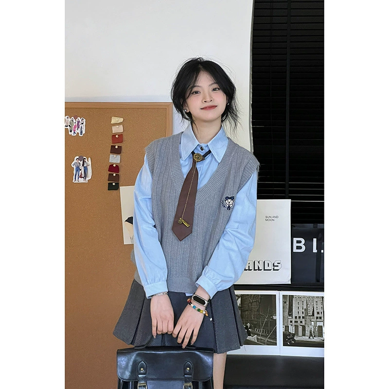 Весенне-зимний комплект Maillard, полный комплект верхней одежды в консервативном стиле, вязаный жилет с вышивкой, галстук, рубашка с длинными рукавами, костюм-тройка для женщин