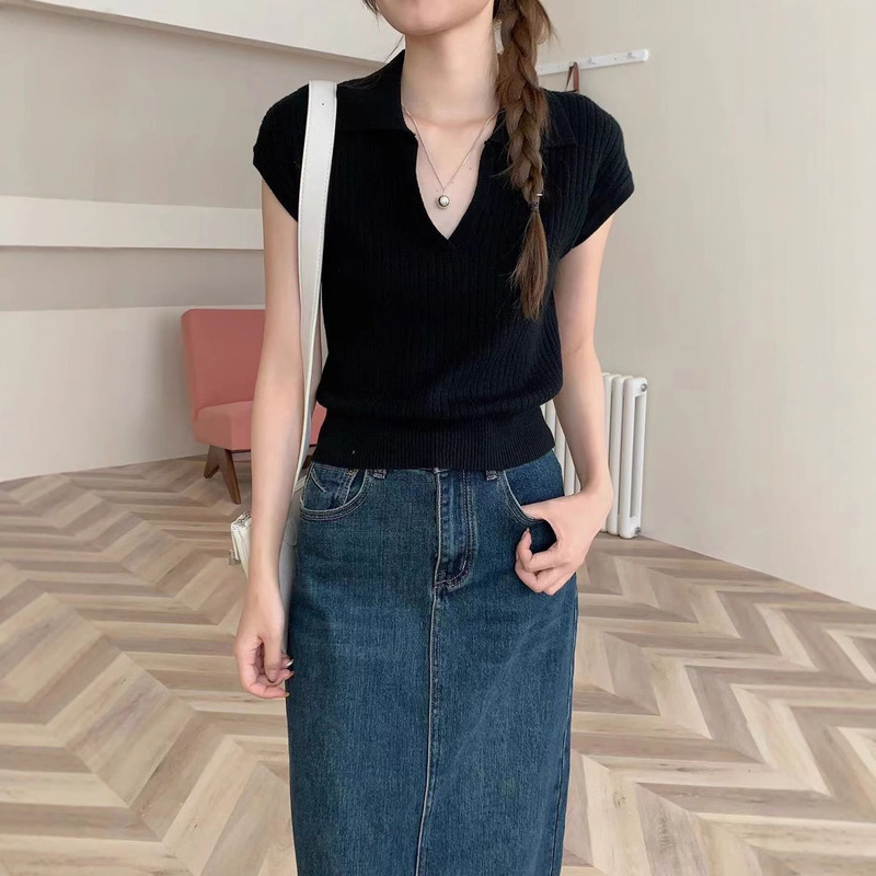 纯欲polo领辣妹设计感短袖上衣女装夏季新款独特别致绝美针织T恤|undefined