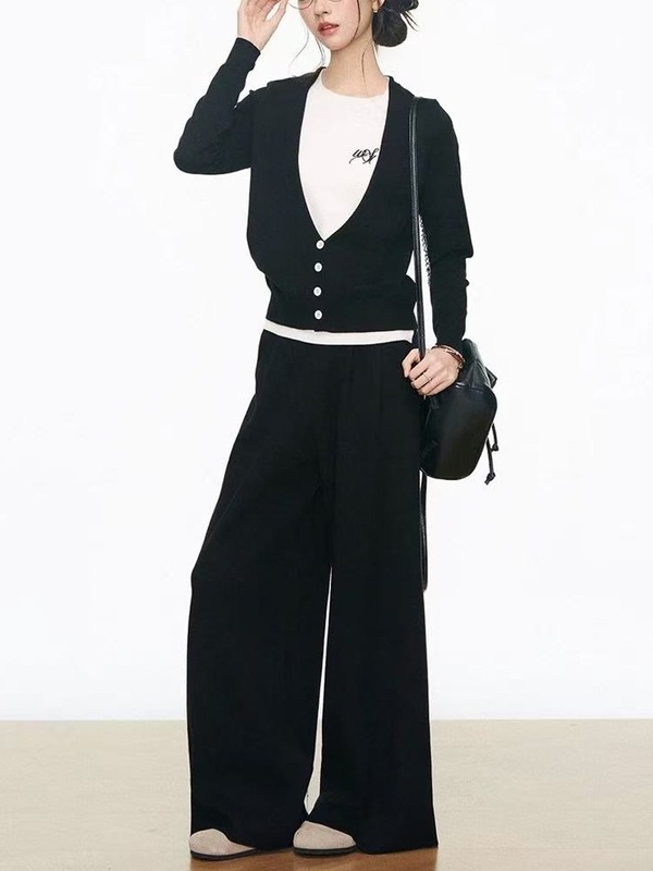 8.12新品 WESTAYONE针织假两件上衣女长袖+针织长裤时尚休闲套装|undefined