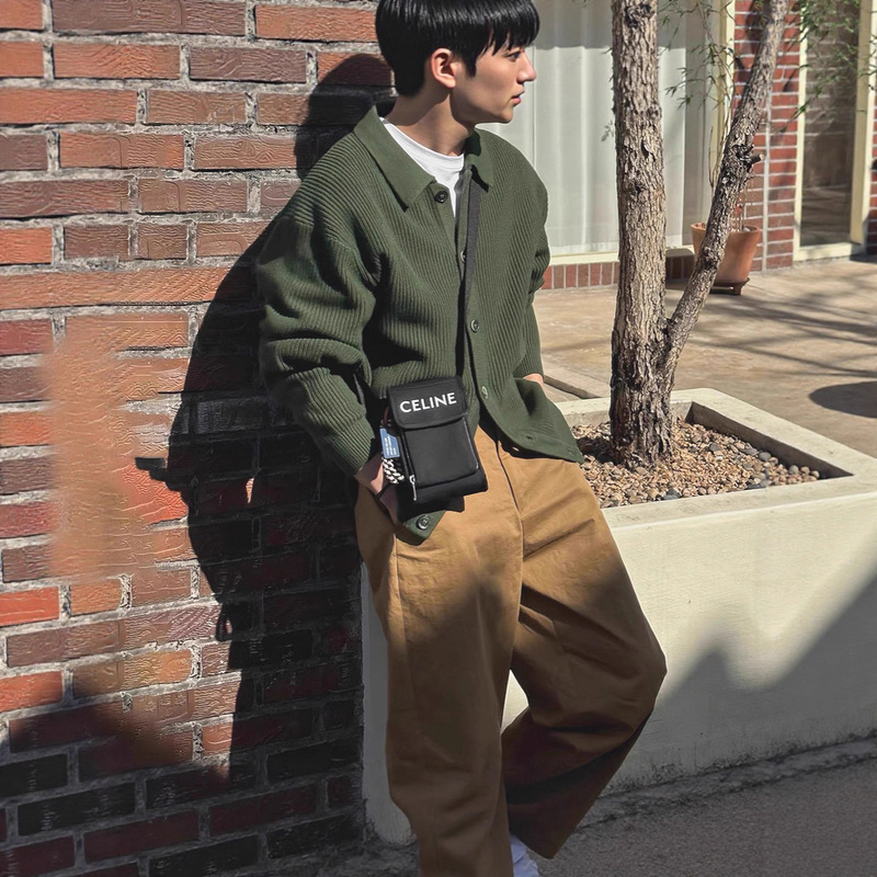 Green Knitted Cardigan Men's Soft and Breathable Core-Spun Yarn Sweatshirt Lapel Jacket Casual Workwear Wool Sweater Jacket Trendy